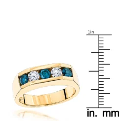 14K Yellow Gold Men's 5 Stone 1 Carat White And Blue Diamond Ring -Outlet Bijou Lush Store 1 carat white and blue diamond ring 14k gold mens jewelry p 46701 rulerye