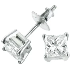1 Carat Diamond Stud Earrings W Princess Diamonds 14K White Gold