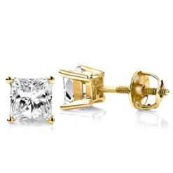 1 Carat Solitaire Princess Cut Diamond Stud Earrings 14K Yellow Gold