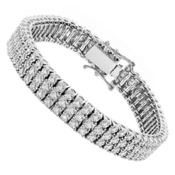 Solid 10K White Gold 3-Row Prong Diamond Bracelet For Men 1.85ct