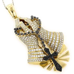14K Yellow Gold Diamond Praying Hands Rosary Cross Pendant 6ct