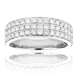 14K White Gold 3 Row Diamond Ring 1.35ct Luxurman Wedding Band
