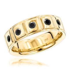 14K Yellow Gold Black Diamond Wedding Band For Men Comfort Fit Five Stone Ring