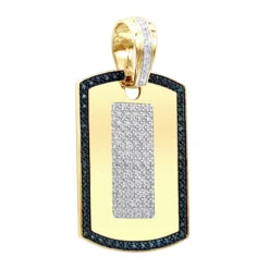14K Yellow Gold Diamond Dog Tag Pendant White And Blue Diamonds 1.95ct
