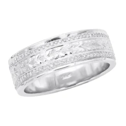 14K White Gold Eternity Diamond Wedding Band For Men & Women Unique Ornamented Ring