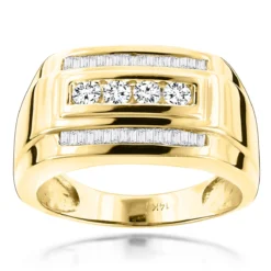 14K Yellow Gold Men's Diamond Ring Baguette And Round 0.8ct