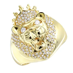14K Yellow Gold Men's King Lion Head Ring With Diamonds And Crown Pinky Ring 0.55ct