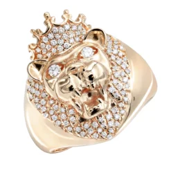14K Yellow Gold Men's King Lion Head Ring With Diamonds And Crown Pinky Ring 0.55ct -Outlet Bijou Lush Store 14k gold mens king lion head ring with diamonds and crown pinky ring 0 55ct ro