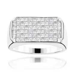 14K White Gold Men's Princess Cut Invisible Diamond Ring Unique Wedding Band 2ct