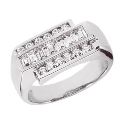 14K White Gold Men's Round & Baguette Diamonds Ring 0.97ct