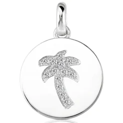 14K White Gold Palm Tree Diamond Circle Pendant 0.26ct