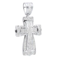 14K White Gold Princess & Round Diamond Cross Pendant 2.28ct