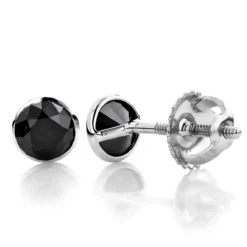 14K White Gold Round Black Diamond Stud Earrings Bezel 1/2ct
