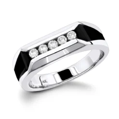 5 Stone 14K White Gold Round Diamond Men's Wedding Ring With Onyx 0.25ct
