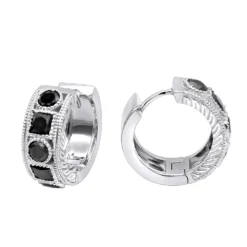 14K White Gold Single Men's Diamond Earring Unique Small Black Diamond Hoop 1.5ct