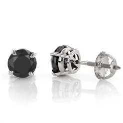 14K White Gold Solitaire Black Round Diamond Stud Earrings 0.33ct