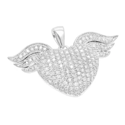 14K White Gold Unique Diamond Heart With Angels Wings Ladies Pendant 1ct