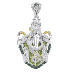 14K Gold White Blue Green Yellow Diamond Sword & Snakes Men's Pendant 18ct