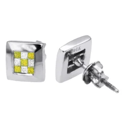 Unique 14K White Gold White Yellow Princess Cut Diamond Earrings Studs .5