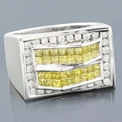14K White Gold Men's White Yellow Diamond Ring 2.05ct