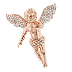 14K Yellow Gold Diamond Angel Pendant 0.63ct Small Baby Angel Charm -Outlet Bijou Lush Store 14k solid gold diamond angel pendant 063ct ro