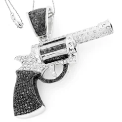 Men's 14K White Gold White Black Diamond Gun Pendant 9.5ct -Outlet Bijou Lush Store 14k white black diamond revolver pendant pistol 950ct p 6264 backwh