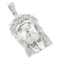 14K White Gold Round Diamond Jesus Head Pendant For Men 1.8ct
