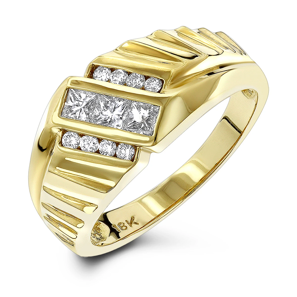 18K Yellow Gold Men's Round & Princess Diamonds Ring 0.63ct 3 18K Yellow Gold Men's Round & Princess Diamonds Ring 0.63ct