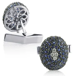 Blue Sapphire And Diamond Cufflinks For Men 14K White Gold