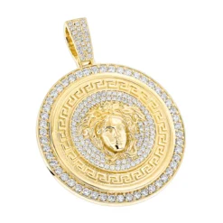 Men's Diamond Versace Style Medusa Pendant Medallion 18K Yellow Gold 7ct