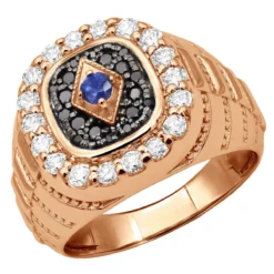 Custom Unique Pinky Ring 14K White Gold Black White Diamond Blue Sapphire Men's Ring -Outlet Bijou Lush Store custom pinky rings unique white black diamond blue sapphire mens ring 2 carat 018288 rose 20220601