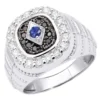 Custom Unique Pinky Ring 14K White Gold Black White Diamond Blue Sapphire Men's Ring
