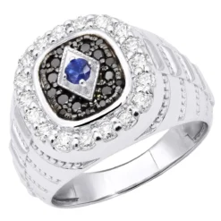 Custom Unique Pinky Ring 14K White Gold Black White Diamond Blue Sapphire Men's Ring