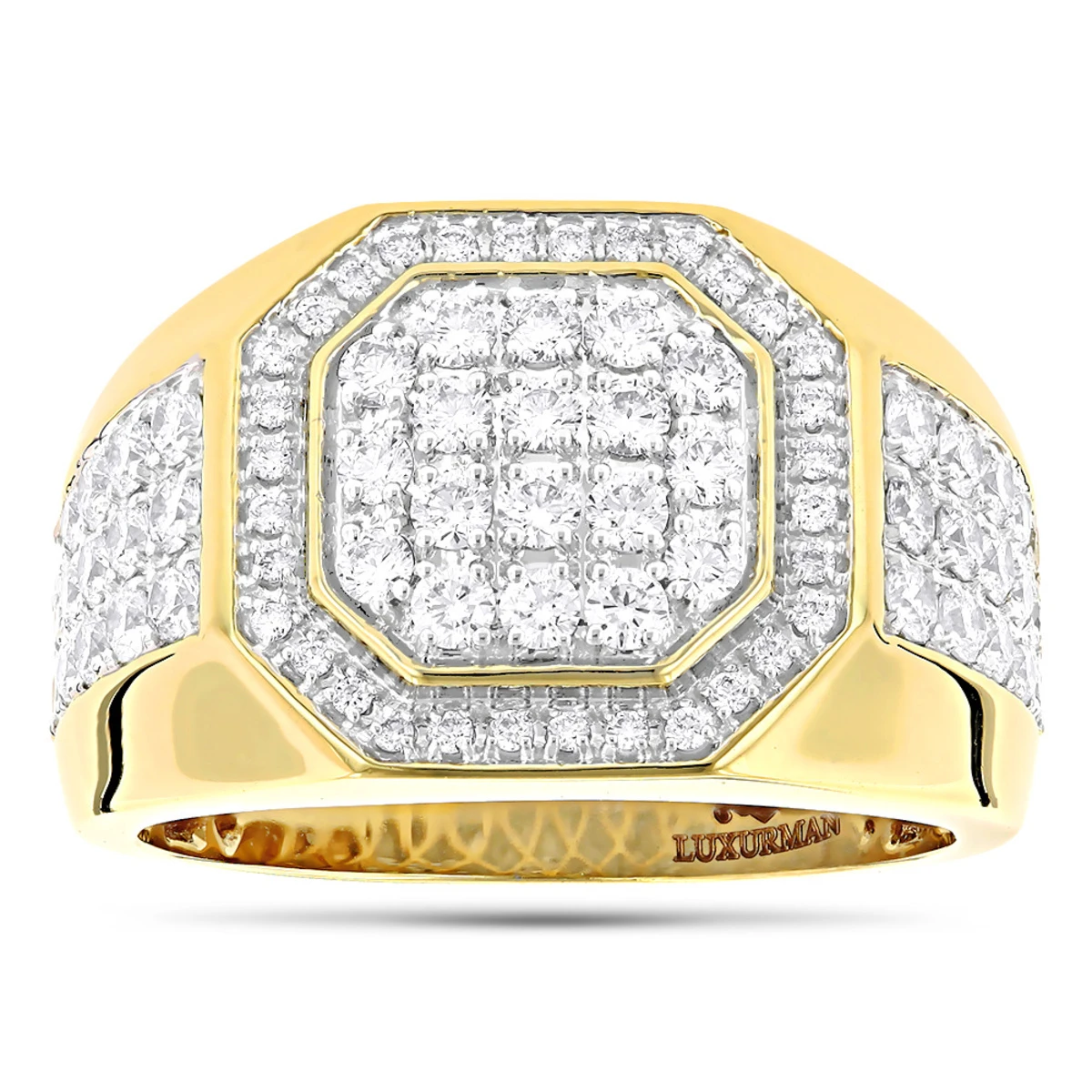 Designer Men's Diamond Ring 14K Yellow Gold By Luxurman 1.8ct 3 Designer Men's Diamond Ring 14K Yellow Gold By Luxurman 1.8ct