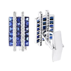 Diamond And Sapphire Cufflinks For Men 14K White Gold Unique Gift 4.5ct