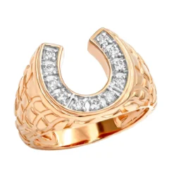 Good Luck Men's 14K Yellow Gold Nugget Horseshoe Diamond Ring 0.5ct By Luxurman -Outlet Bijou Lush Store good luck mens 14k gold nugget horseshoe diamond ring 05ct by luxurman ro