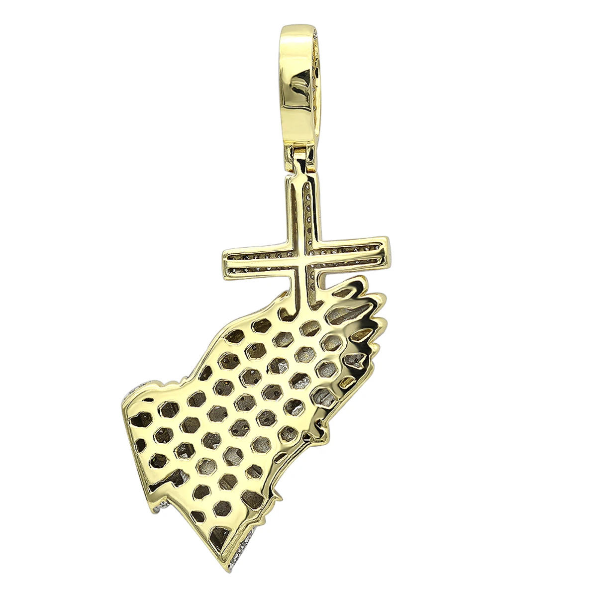 Hip Hop 10K Yellow Gold Praying Hands And Cross Diamond Pendant For Men 6 Hip Hop 10K Yellow Gold Praying Hands And Cross Diamond Pendant For Men - Image 4