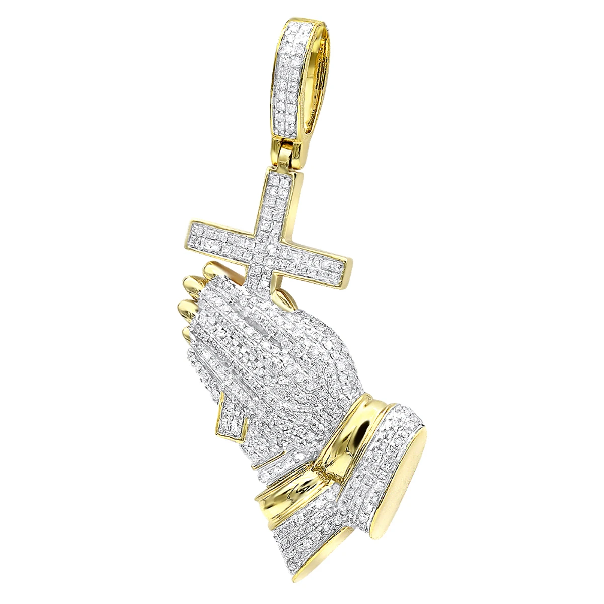 Hip Hop 10K Yellow Gold Praying Hands And Cross Diamond Pendant For Men 3 Hip Hop 10K Yellow Gold Praying Hands And Cross Diamond Pendant For Men