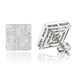 Invisible Set Princess Cut Diamond Stud Earrings 3.05ct 14K White Gold