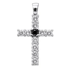 14K White Gold White And Black Diamond Cross Pendant For Men & Women 1.33ct
