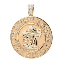 Custom Aztec Sun Stone Calendar Coin Diamond Pendant 18K Yellow Gold For Men -Outlet Bijou Lush Store jewelry custom aztec sun stone calendar coin diamond pendant in 18k gold for men ro