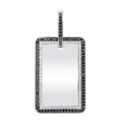 Engravable 2 Carat Black And White Diamond Dog Tag Pendant For Men 14K White Gold