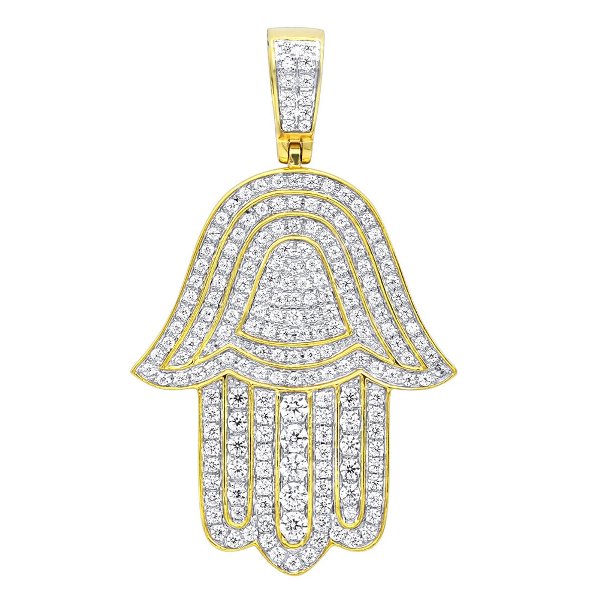 Jewish Large Iced Out Hamsa Hand Pendant 14K Yellow Gold 2CT Diamond Charm 3 Jewish Large Iced Out Hamsa Hand Pendant 14K Yellow Gold 2CT Diamond Charm