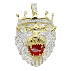 Large 10K Yellow Gold Diamond Lion Head Pendant For Men W Crown 4ct By Luxurman