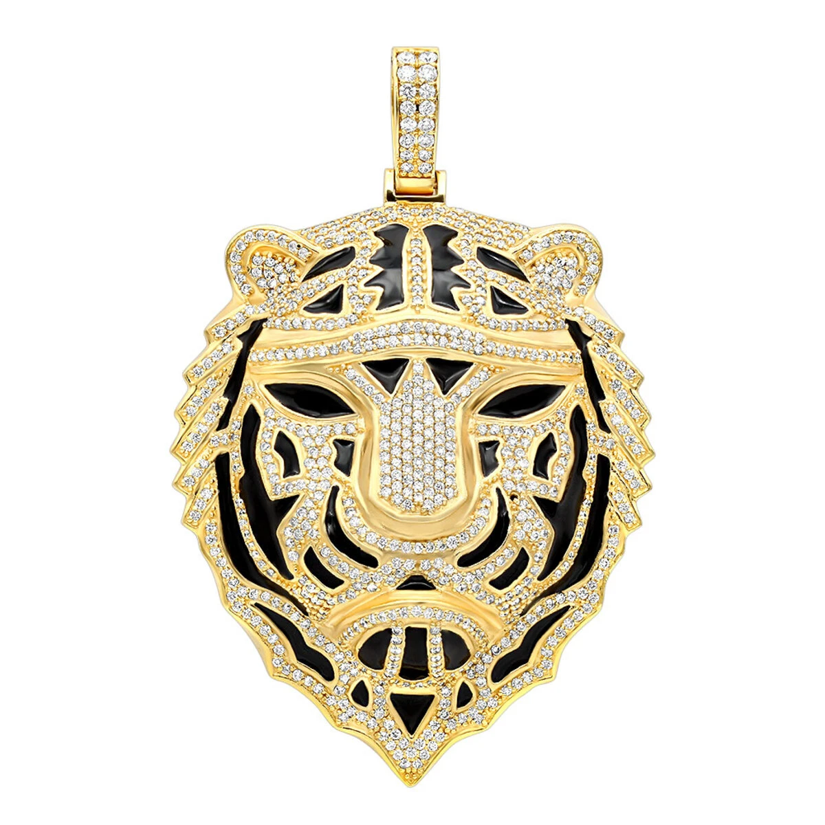 Large 14K Yellow Gold Men's Diamond Tiger Pendant With Black Enamel 10 Carats 3 Large 14K Yellow Gold Men's Diamond Tiger Pendant With Black Enamel 10 Carats