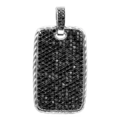 Large Sterling Silver Black Diamond Dog Tag Pendant For Men 14Ct Pave Setting