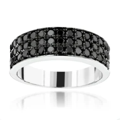 Modern Three Row Black Diamond Ring For Men 10K White Gold Wedding Band 1.4CT