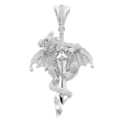 10K White Gold Diamond Dragon On A Sword Pendant For Men 7.25ct By Luxurman