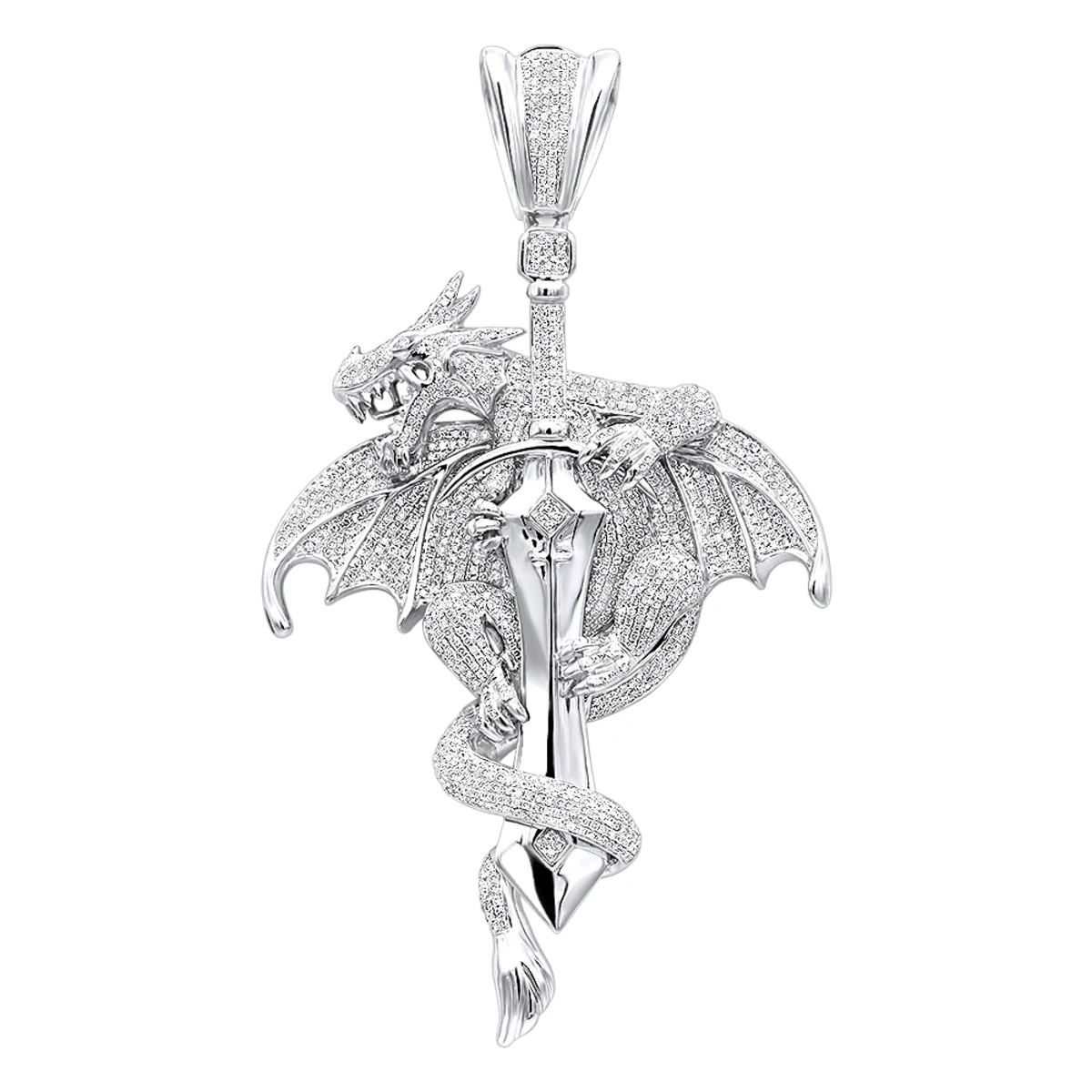 10K White Gold Diamond Dragon On A Sword Pendant For Men 7.25ct By Luxurman 3 10K White Gold Diamond Dragon On A Sword Pendant For Men 7.25ct By Luxurman