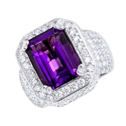 Unique Vintage Style Amethyst And Diamonds Ring 5 Carats 14K White Gold